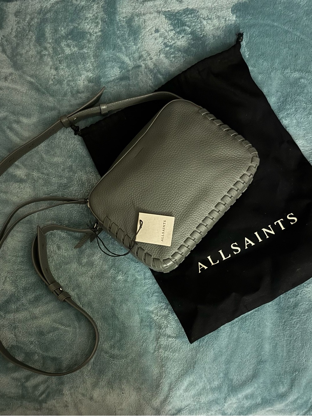 All Saints Olive Gray Pebbled Leather Messenger Bag